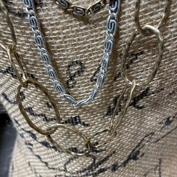 Rare Lucky Brand Gold Silver Multi Chain Long Hammered Links Statement Necklace - Picture 10 of 10